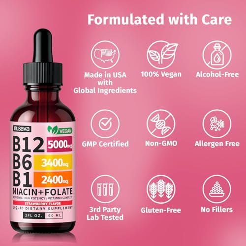 NUSAVA  2 Pack  Extra Strength Liquid Vitamin B12 Sublingual Vitamin B Complex   B12 Drops 10000mcg   Methylcobalamin for Energy  Brain  and Heart Support  Raspberry Flavor  2 floz  80 Servings