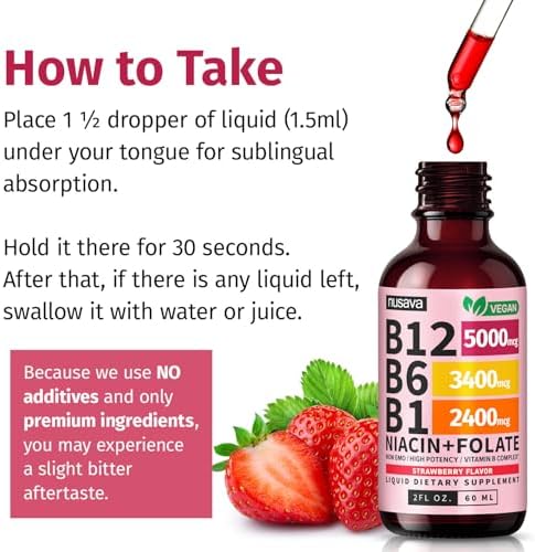 NUSAVA  2 Pack  Extra Strength Liquid Vitamin B12 Sublingual Vitamin B Complex   B12 Drops 10000mcg   Methylcobalamin for Energy  Brain  and Heart Support  Raspberry Flavor  2 floz  80 Servings