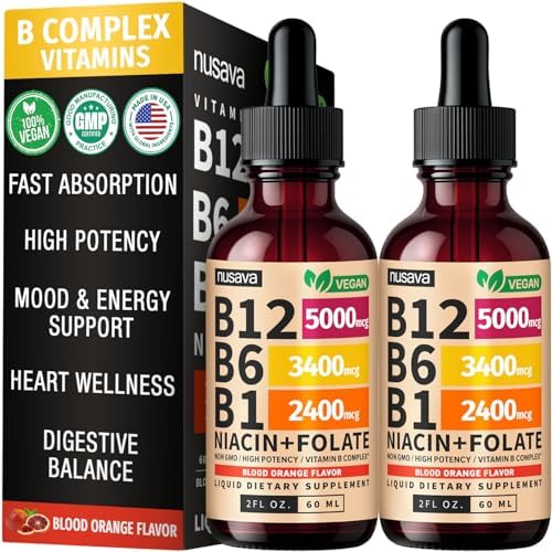 NUSAVA  2 Pack  Extra Strength Liquid Vitamin B12 Sublingual Vitamin B Complex   B12 Drops 10000mcg   Methylcobalamin for Energy  Brain  and Heart Support  Raspberry Flavor  2 floz  80 Servings