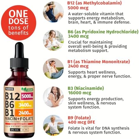 NUSAVA  2 Pack  Extra Strength Liquid Vitamin B12 Sublingual Vitamin B Complex   B12 Drops 10000mcg   Methylcobalamin for Energy  Brain  and Heart Support  Raspberry Flavor  2 floz  80 Servings