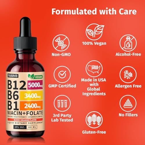 NUSAVA  2 Pack  Extra Strength Liquid Vitamin B12 Sublingual Vitamin B Complex   B12 Drops 10000mcg   Methylcobalamin for Energy  Brain  and Heart Support  Raspberry Flavor  2 floz  80 Servings