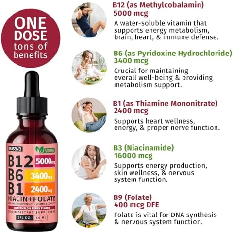 NUSAVA  2 Pack  Extra Strength Liquid Vitamin B12 Sublingual Vitamin B Complex   B12 Drops 10000mcg   Methylcobalamin for Energy  Brain  and Heart Support  Raspberry Flavor  2 floz  80 Servings
