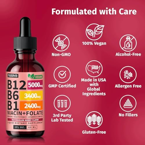NUSAVA  2 Pack  Extra Strength Liquid Vitamin B12 Sublingual Vitamin B Complex   B12 Drops 10000mcg   Methylcobalamin for Energy  Brain  and Heart Support  Raspberry Flavor  2 floz  80 Servings