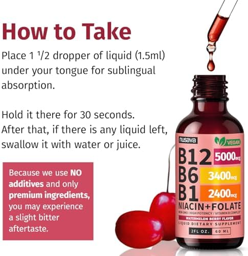 NUSAVA  2 Pack  Extra Strength Liquid Vitamin B12 Sublingual Vitamin B Complex   B12 Drops 10000mcg   Methylcobalamin for Energy  Brain  and Heart Support  Raspberry Flavor  2 floz  80 Servings
