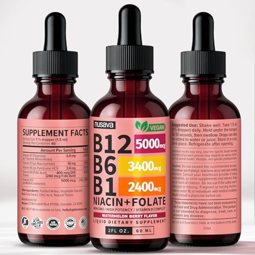NUSAVA  2 Pack  Extra Strength Liquid Vitamin B12 Sublingual Vitamin B Complex   B12 Drops 10000mcg   Methylcobalamin for Energy  Brain  and Heart Support  Raspberry Flavor  2 floz  80 Servings