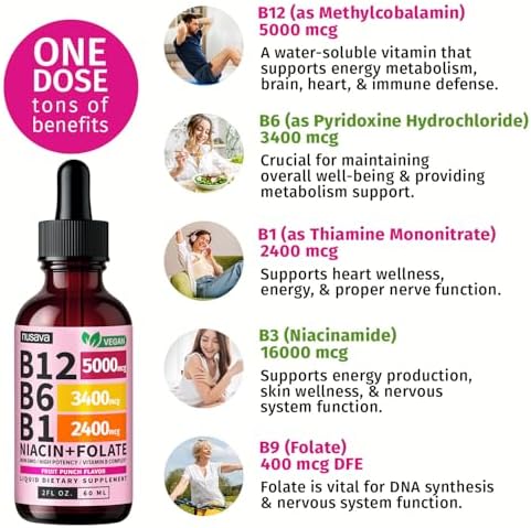 NUSAVA  2 Pack  Extra Strength Liquid Vitamin B12 Sublingual Vitamin B Complex   B12 Drops 10000mcg   Methylcobalamin for Energy  Brain  and Heart Support  Raspberry Flavor  2 floz  80 Servings