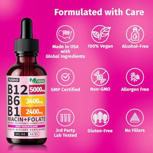 NUSAVA  2 Pack  Extra Strength Liquid Vitamin B12 Sublingual Vitamin B Complex   B12 Drops 10000mcg   Methylcobalamin for Energy  Brain  and Heart Support  Raspberry Flavor  2 floz  80 Servings
