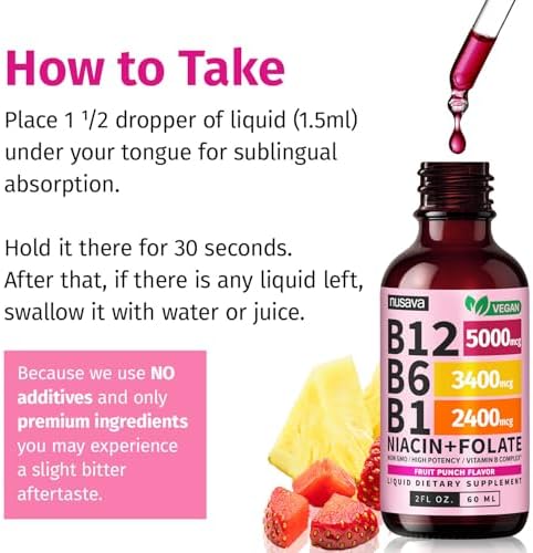 NUSAVA  2 Pack  Extra Strength Liquid Vitamin B12 Sublingual Vitamin B Complex   B12 Drops 10000mcg   Methylcobalamin for Energy  Brain  and Heart Support  Raspberry Flavor  2 floz  80 Servings