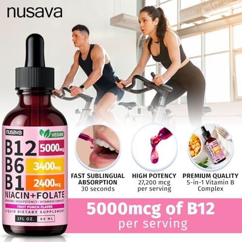 NUSAVA  2 Pack  Extra Strength Liquid Vitamin B12 Sublingual Vitamin B Complex   B12 Drops 10000mcg   Methylcobalamin for Energy  Brain  and Heart Support  Raspberry Flavor  2 floz  80 Servings