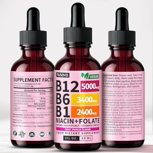 NUSAVA  2 Pack  Extra Strength Liquid Vitamin B12 Sublingual Vitamin B Complex   B12 Drops 10000mcg   Methylcobalamin for Energy  Brain  and Heart Support  Raspberry Flavor  2 floz  80 Servings