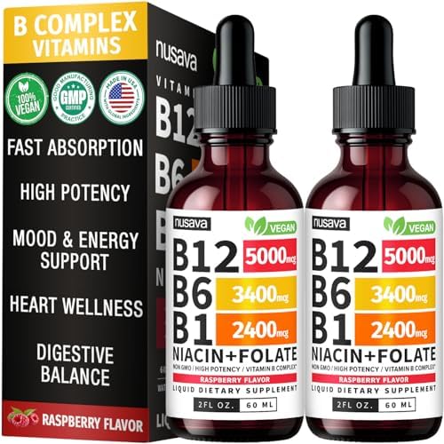 NUSAVA  2 Pack  Extra Strength Liquid Vitamin B12 Sublingual Vitamin B Complex   B12 Drops 10000mcg   Methylcobalamin for Energy  Brain  and Heart Support  Raspberry Flavor  2 floz  80 Servings