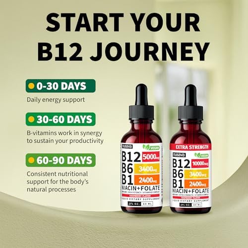 NUSAVA  2 Pack  Extra Strength Liquid Vitamin B12 Sublingual Vitamin B Complex   B12 Drops 10000mcg   Methylcobalamin for Energy  Brain  and Heart Support  Raspberry Flavor  2 floz  80 Servings