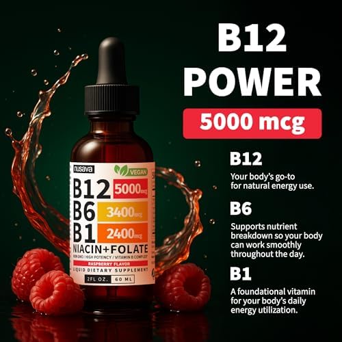 NUSAVA  2 Pack  Extra Strength Liquid Vitamin B12 Sublingual Vitamin B Complex   B12 Drops 10000mcg   Methylcobalamin for Energy  Brain  and Heart Support  Raspberry Flavor  2 floz  80 Servings