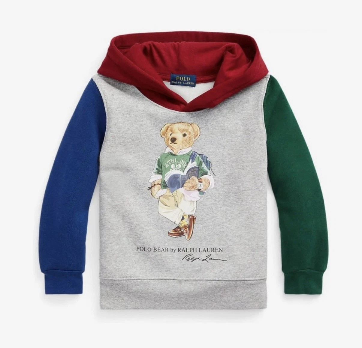 NWT Polo Ralph Lauren Boys Polo Bear Student Gray Colorblock Fleece Hoodie 10 12
