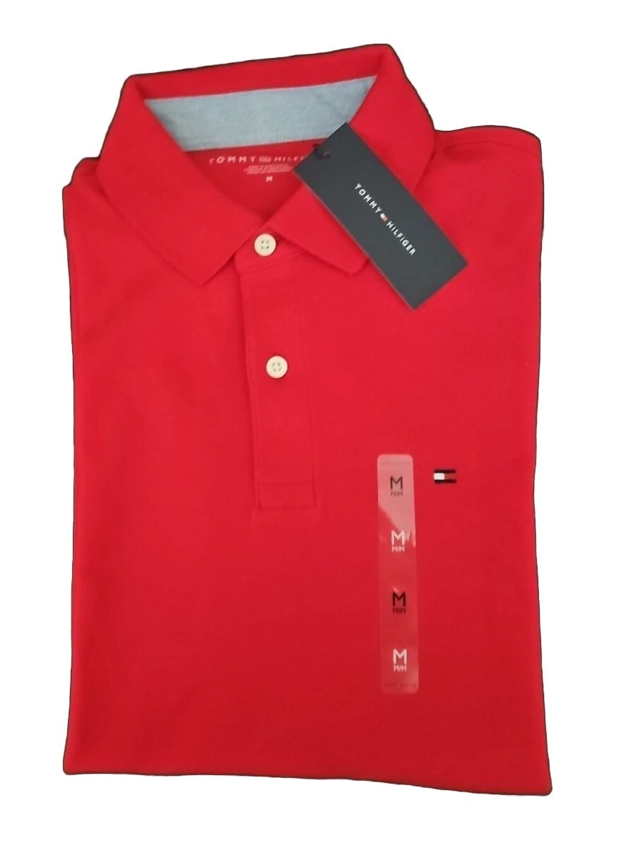 NWT Tommy Hilfiger Men s  Regular Fit Solid Short Sleeve Polo Shirt Red MD