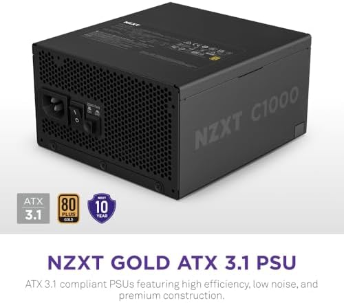 NZXT C1000 Gold ATX 3 1   Fully Modular Low Noise PC Gaming Power Supply   1000 Watts   80 Plus Gold   12V 2x6 Connector   Zero Fan Mode   100  Japanese Capacitors   Black