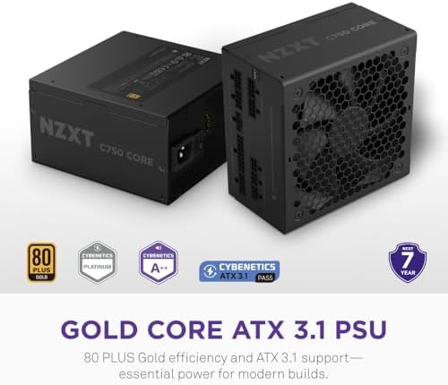 NZXT C750 Gold Core   750W ATX 3 1 Power Supply   80 Plus Gold   Cybenetics Platinum   Fully Modular   PCIe 5 1 300W 12V 2x6   Zero RPM Fan   105 C Capacitors   Black