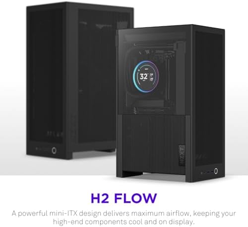 NZXT H2 Flow - Carcasa para PC Mini-ITX de 20,7 L de alto flujo de aire, incluye 2 ventiladores superiores de 4.724 in y cable vertical PCIe 5.0 - GPU de 13.031 in - Radiador de 11.024 in - Negro