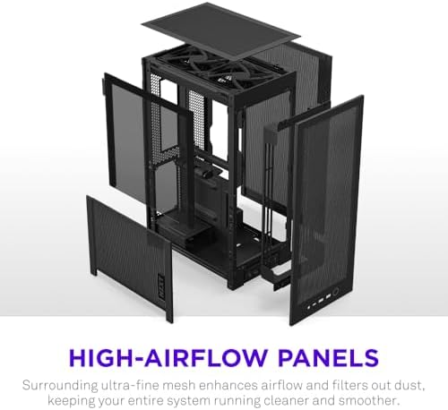 NZXT H2 Flow - Carcasa para PC Mini-ITX de 20,7 L de alto flujo de aire, incluye 2 ventiladores superiores de 4.724 in y cable vertical PCIe 5.0 - GPU de 13.031 in - Radiador de 11.024 in - Negro