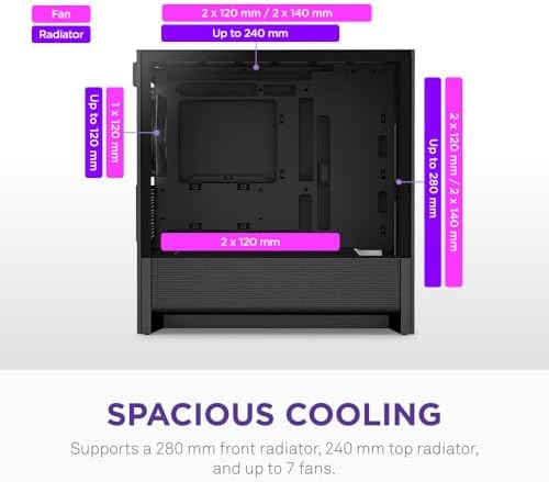 NZXT H3 Flow   Micro ATX PC Case   Optimized Airflow   Includes 1 x 120mm Rear Fan   Supports Full Sized GPUs   Fits 280mm Front  240mm Top Radiator   Back Connect Motherboard   Black