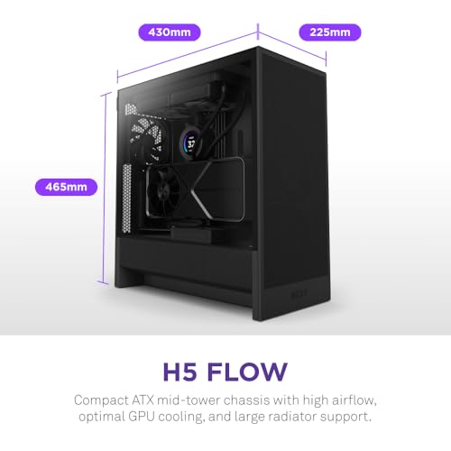 NZXT H5 Flow 2024   Compact ATX Mid Tower PC Gaming Case   High Airflow   2 x 120mm Fans Included   360mm Front & 240mm Top Radiator Support   Cable Management System   Tempered Glass   Black