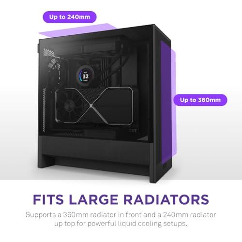 NZXT H5 Flow 2024   Compact ATX Mid Tower PC Gaming Case   High Airflow   2 x 120mm Fans Included   360mm Front & 240mm Top Radiator Support   Cable Management System   Tempered Glass   Black