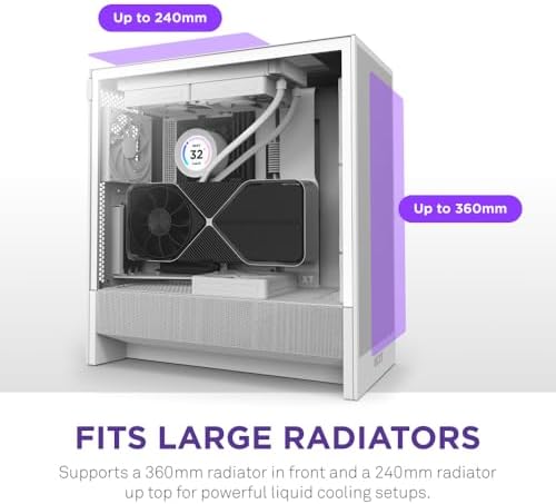 NZXT H5 Flow 2024   Compact ATX Mid Tower PC Gaming Case   High Airflow   2 x 120mm Fans Included   360mm Front & 240mm Top Radiator Support   Cable Management System   Tempered Glass   White