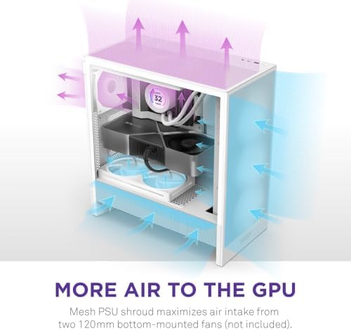 NZXT H5 Flow 2024   Compact ATX Mid Tower PC Gaming Case   High Airflow   2 x 120mm Fans Included   360mm Front & 240mm Top Radiator Support   Cable Management System   Tempered Glass   White