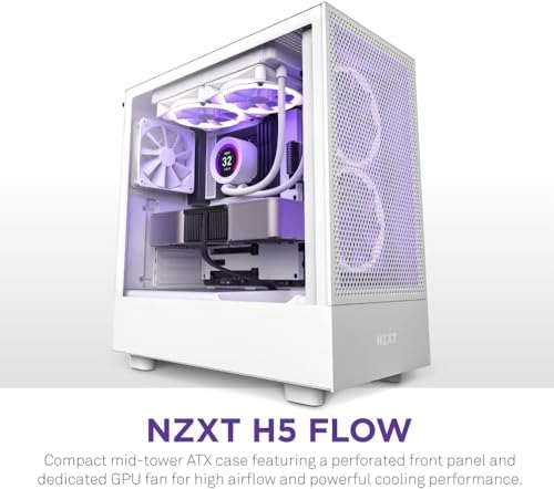 NZXT H5 Flow 2024   Compact ATX Mid Tower PC Gaming Case   High Airflow   2 x 120mm Fans Included   360mm Front & 240mm Top Radiator Support   Cable Management System   Tempered Glass   White