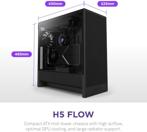 NZXT H5 Flow 2024   Compact ATX Mid Tower PC Gaming Case   High Airflow   2 x 120mm Fans Included   360mm Front & 240mm Top Radiator Support   Cable Management System   Tempered Glass   Black
