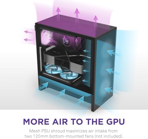 NZXT H5 Flow 2024   Compact ATX Mid Tower PC Gaming Case   High Airflow   2 x 120mm Fans Included   360mm Front & 240mm Top Radiator Support   Cable Management System   Tempered Glass   Black