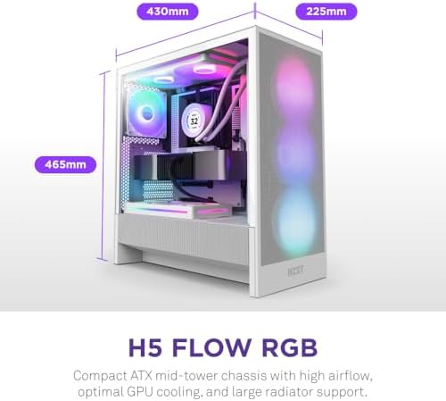 NZXT H5 Flow 2024   Compact ATX Mid Tower PC Gaming Case   High Airflow   2 x 120mm Fans Included   360mm Front & 240mm Top Radiator Support   Cable Management System   Tempered Glass   Black