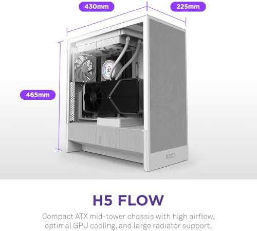 NZXT H5 Flow 2024   Compact ATX Mid Tower PC Gaming Case   High Airflow   2 x 120mm Fans Included   360mm Front & 240mm Top Radiator Support   Cable Management System   Tempered Glass   Black
