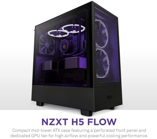 NZXT H5 Flow 2024   Compact ATX Mid Tower PC Gaming Case   High Airflow   2 x 120mm Fans Included   360mm Front & 240mm Top Radiator Support   Cable Management System   Tempered Glass   Black