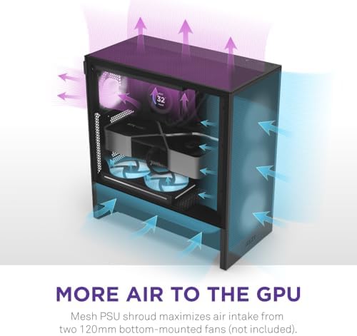 NZXT H5 Flow 2024   Compact ATX Mid Tower PC Gaming Case   High Airflow   2 x 120mm Fans Included   360mm Front & 240mm Top Radiator Support   Cable Management System   Tempered Glass   Black