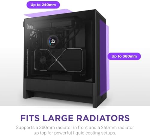 NZXT H5 Flow 2024   Compact ATX Mid Tower PC Gaming Case   High Airflow   2 x 120mm Fans Included   360mm Front & 240mm Top Radiator Support   Cable Management System   Tempered Glass   Black