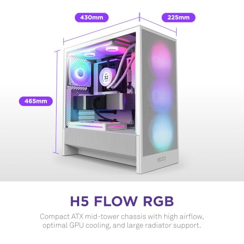 NZXT H5 Flow RGB 2024   Compact ATX Mid Tower PC Gaming Case   High Airflow   F360 RGB Core  CV  Included   360mm Front & 240mm Top Radiator Support   Cable Management   Tempered Glass   White