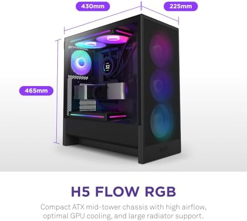 NZXT H5 Flow RGB 2024   Compact ATX Mid Tower PC Gaming Case   High Airflow   F360 RGB Core  CV  Included   360mm Front & 240mm Top Radiator Support   Cable Management   Tempered Glass   Black