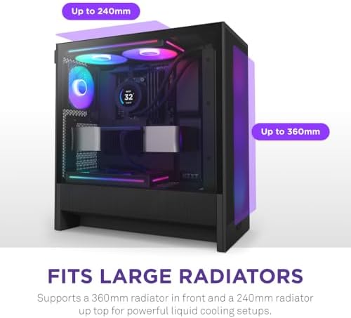 NZXT H5 Flow RGB 2024   Compact ATX Mid Tower PC Gaming Case   High Airflow   F360 RGB Core  CV  Included   360mm Front & 240mm Top Radiator Support   Cable Management   Tempered Glass   Black