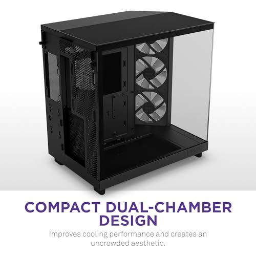 NZXT Caja de flujo de aire H6 Flow RGB de media torre con 3 ventiladores RGB, paneles de vidrio panorámico, gestión de cables, color negro