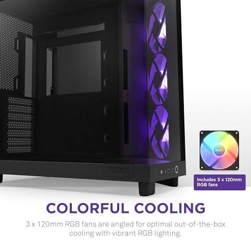 NZXT Caja de flujo de aire H6 Flow RGB de media torre con 3 ventiladores RGB, paneles de vidrio panorámico, gestión de cables, color negro