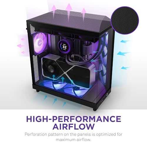 NZXT Caja de flujo de aire H6 Flow RGB de media torre con 3 ventiladores RGB, paneles de vidrio panorámico, gestión de cables, color negro
