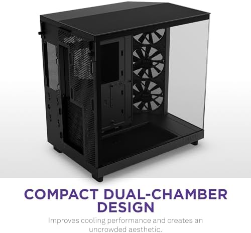 NZXT H6 Flow   CC H61FB 01   Compact Dual Chamber Mid Tower Airflow Case   Panoramic Glass Panels   High Performance Airflow Panels   Includes 3 x 120mm Fans   Cable Management   Black