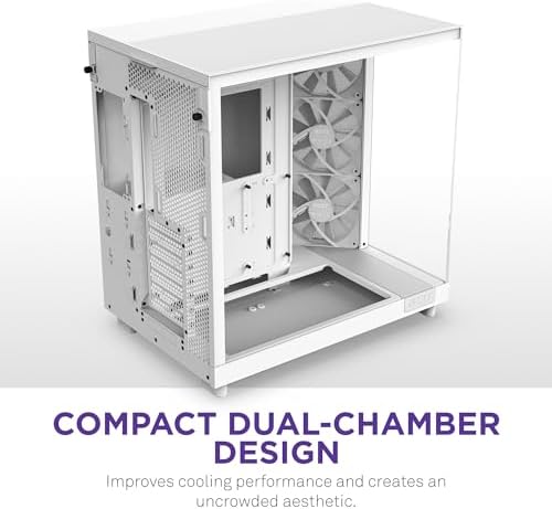 NZXT H6 Flow   CC H61FW 01   Compact Dual Chamber Mid Tower Airflow Case   Panoramic Glass Panels   High Performance Airflow Panels   Includes 3 x 120mm Fans   Cable Management   White
