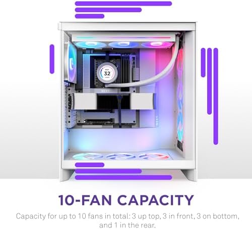 NZXT H7 Flow 2024   Mid Tower ATX Airflow Case   Includes Pre Installed 3 x 120mm Fans   Supports Bottom Fans for Dedicated GPU Cooling   Cable Management   White