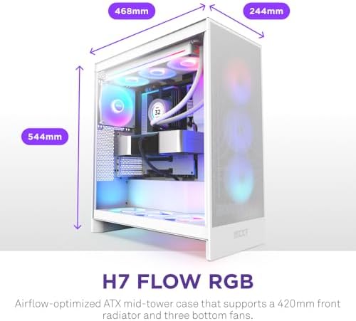 NZXT H7 Flow 2024   Mid Tower ATX Airflow Case   Includes Pre Installed 3 x 120mm Fans   Supports Bottom Fans for Dedicated GPU Cooling   Cable Management   White