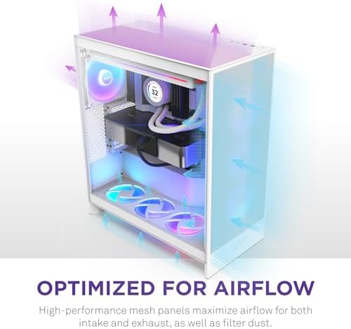 NZXT H7 Flow 2024   Mid Tower ATX Airflow Case   Includes Pre Installed 3 x 120mm Fans   Supports Bottom Fans for Dedicated GPU Cooling   Cable Management   White
