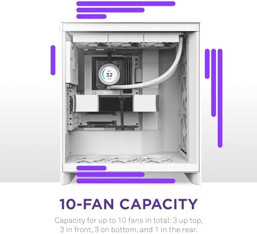 NZXT H7 Flow 2024   Mid Tower ATX Airflow Case   Includes Pre Installed 3 x 120mm Fans   Supports Bottom Fans for Dedicated GPU Cooling   Cable Management   White