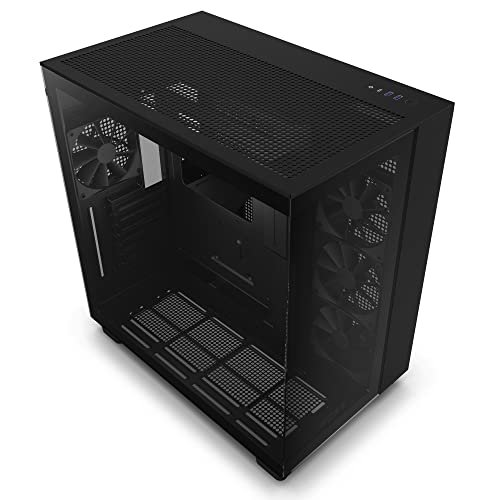 NZXT H9 Flow - Carcasa para juegos de PC de media torre ATX de doble cámara, panel superior perforado de alto flujo de aire, paneles frontales y laterales de vidrio templado, soporte de radiador de