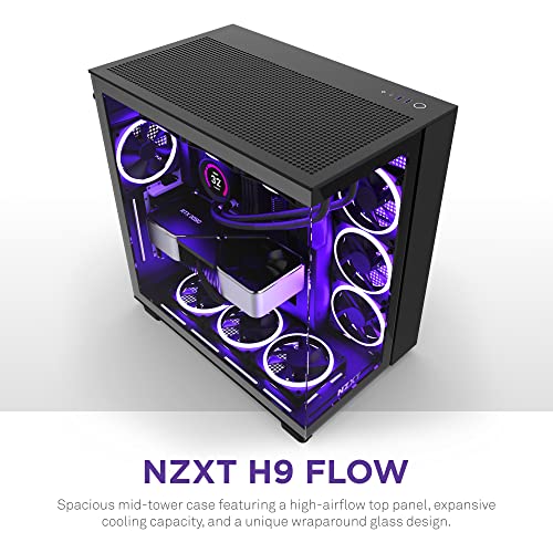NZXT H9 Flow - Carcasa para juegos de PC de media torre ATX de doble cámara, panel superior perforado de alto flujo de aire, paneles frontales y laterales de vidrio templado, soporte de radiador de